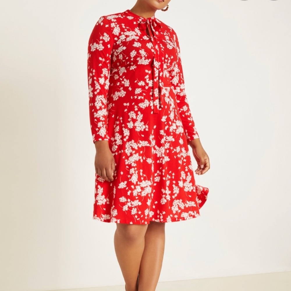 Red Floral Tie-Neck A-Line Dress